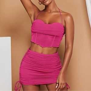 SHEIN Lettuce Trim Tie Backless Crop Halter Top & Drawstring Side Bodycon Skirt